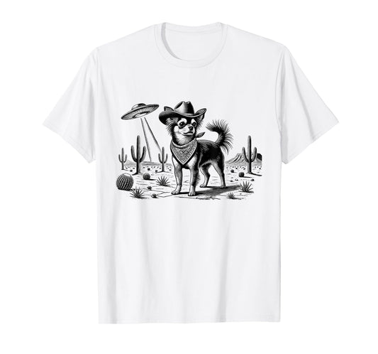 Vintage Chihuahua UFO Western Cowboy Wild West Dog Mom Dad T-Shirt