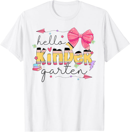 Back To School Hello Kindergarten Teacher Coquette Bow T-shirt by TeeBrew