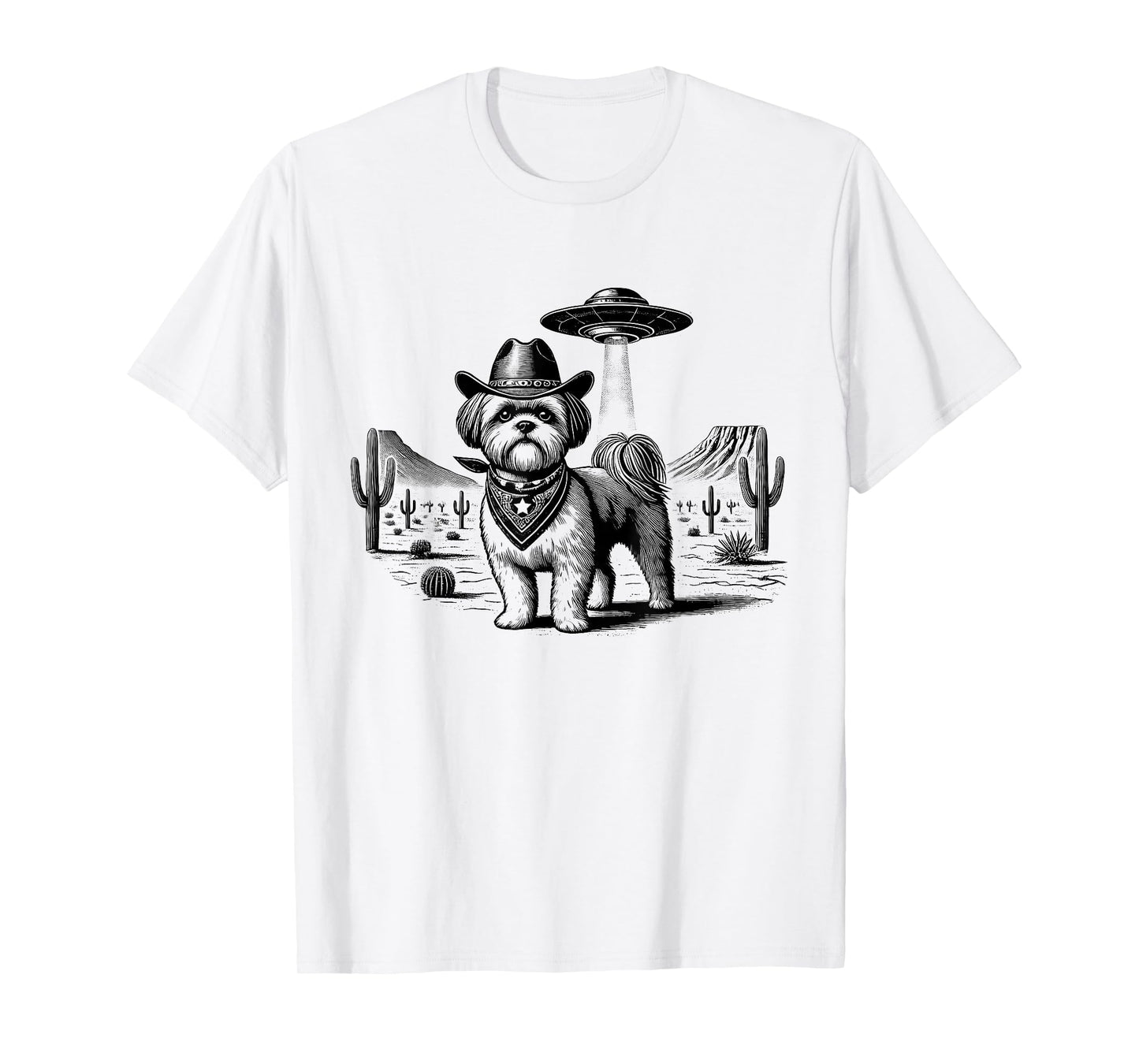 Vintage Shih Tzu UFO Western Cowboy Wild West Dog Mom Dad T-Shirt