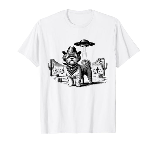Vintage Shih Tzu UFO Western Cowboy Wild West Dog Mom Dad T-Shirt