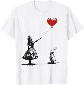 Alice in Wonderland with Balloon Rabbit Whimsical Fantasy T-Shirt