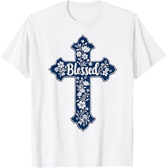 Christian Faith Cross Blue Toile Chinoiserie Floral T-Shirt