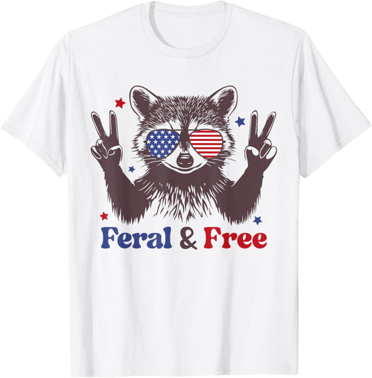 Feral but Free 4th of July Raccoon Feral Fireworks USA Flag T-Shirt