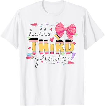 Back To School Hello Third Grade Teacher Coquette Pencil Bow T-Shirt