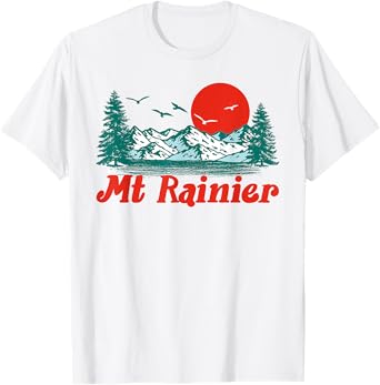 Retro Mt Rainier Mountain Trees & Sun Scene Graphic T-Shirt