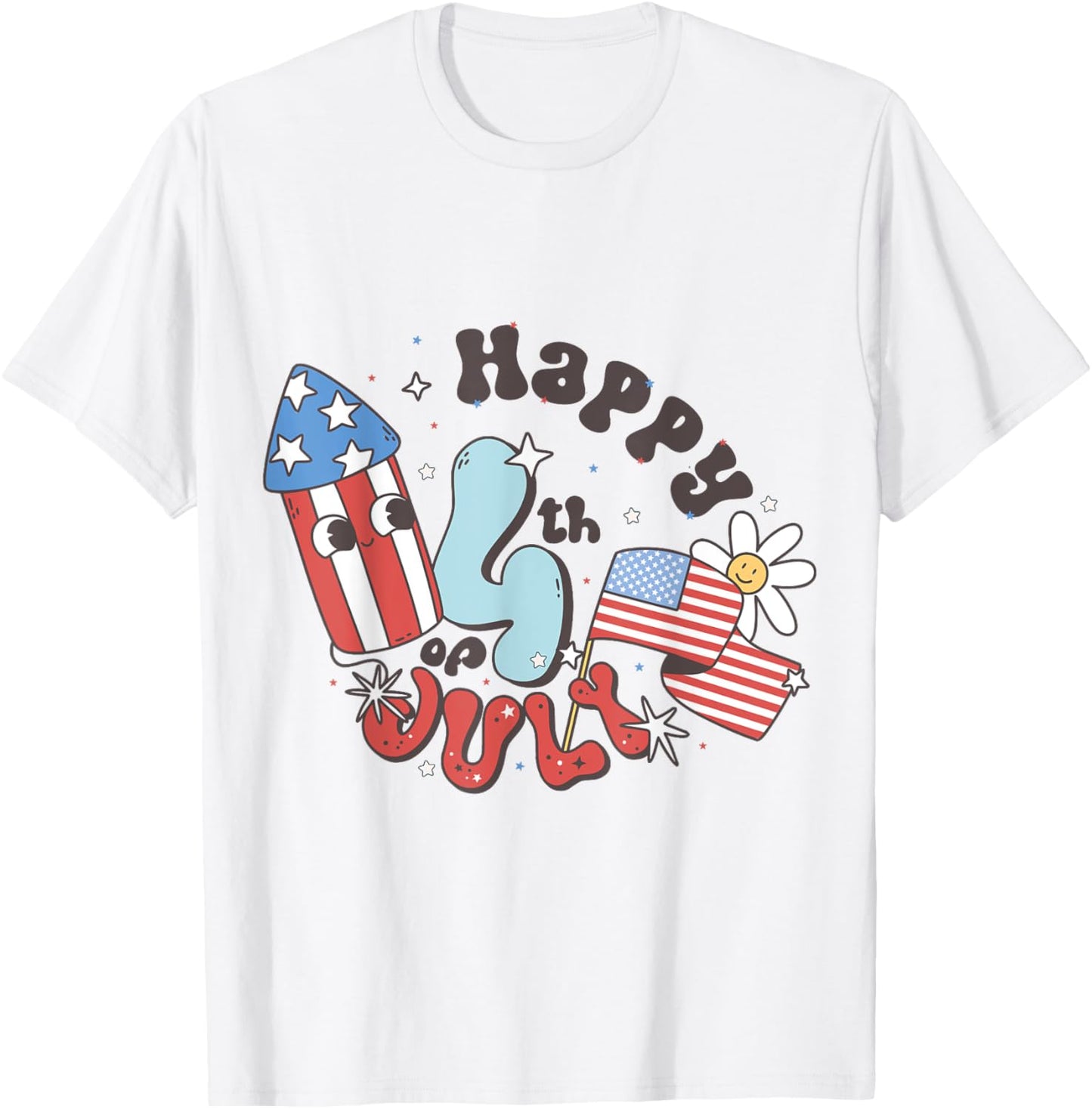 Happy Patriotic 4th July Retro Groovy Style Red White Blue T-Shirt