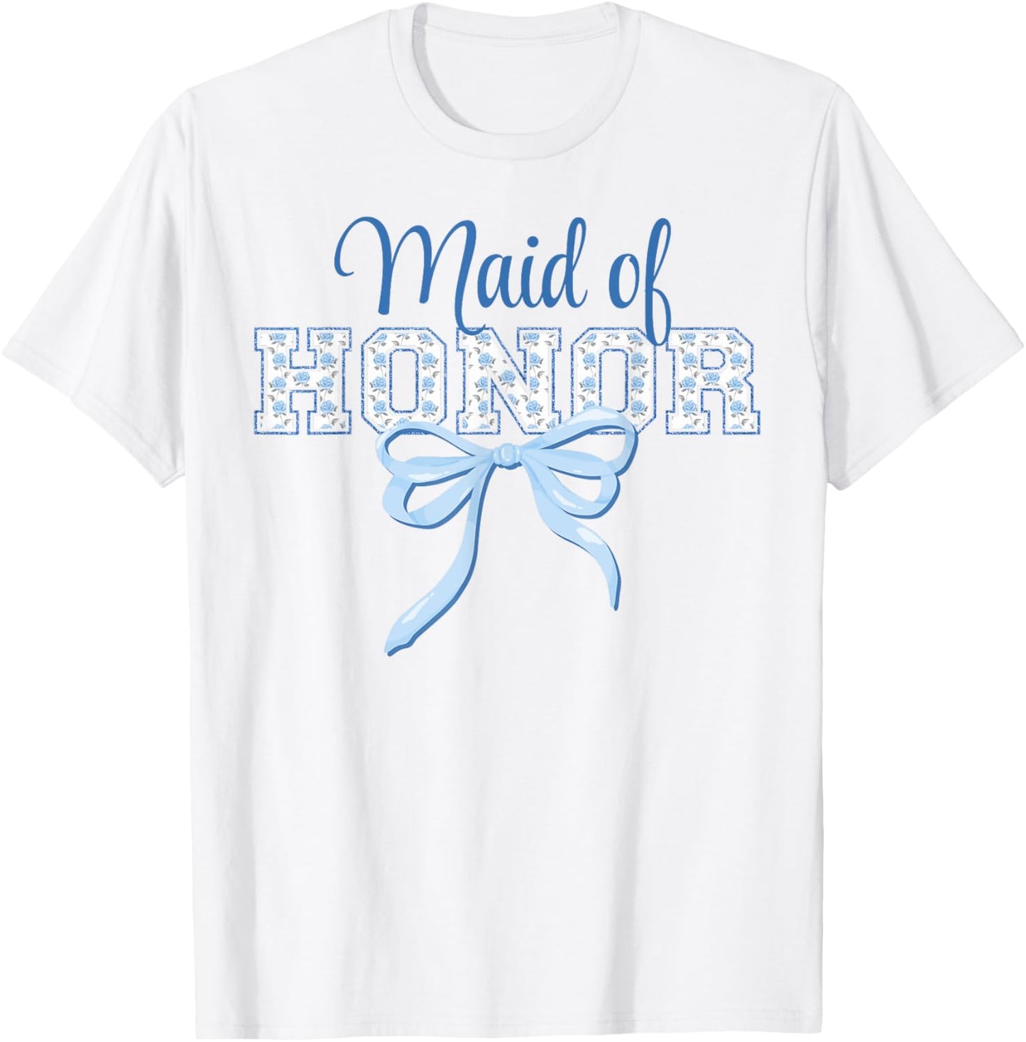 Maid of Honor Blue Bow Coquette Floral Matching Bridal T-Shirt