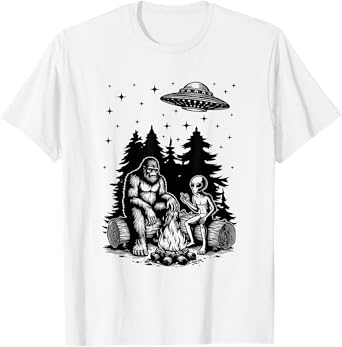 Alien And Bigfoot Campfire Sasquatch UFO For Outdoor Lovers T-Shirt