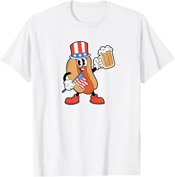 4th of July Hot Dog Drinking Beer T-Shirt for Women Men
