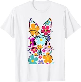 Happy Easter Bunny Daisy Floral Easter Rabbit Face Women Kid T-Shirt