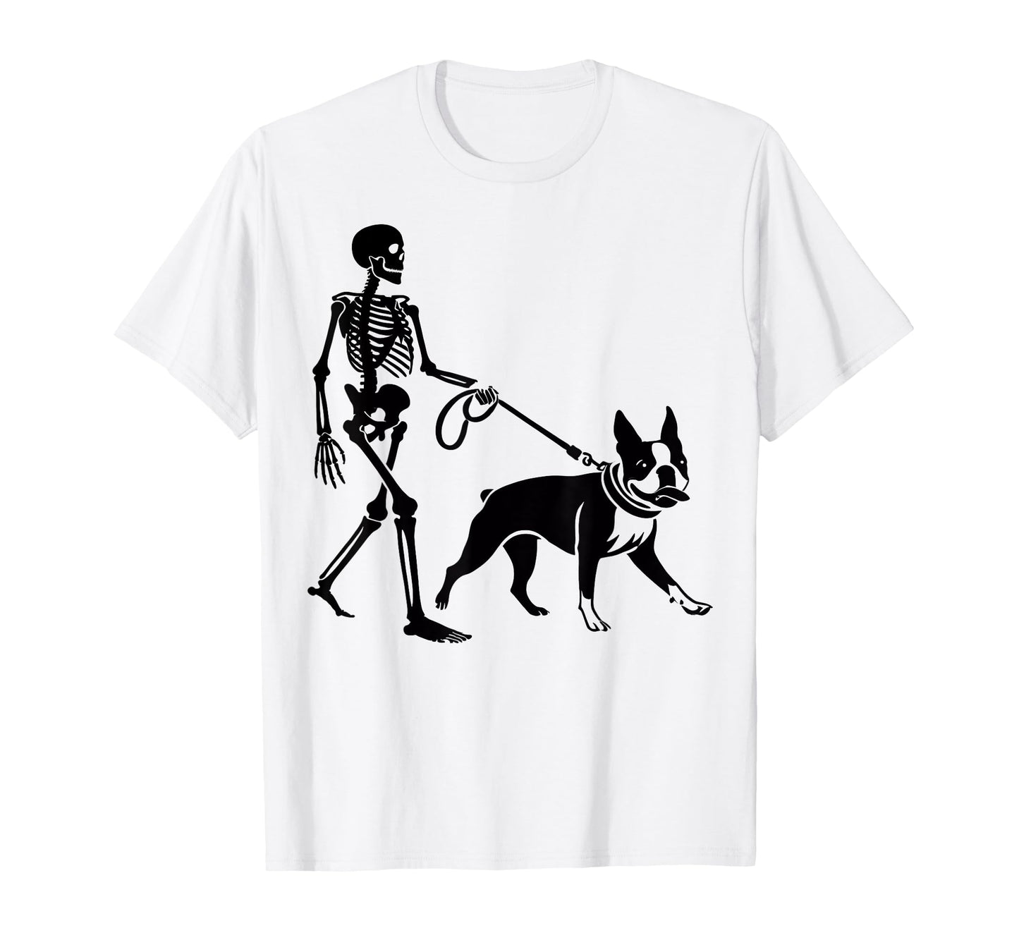 Funny Halloween Skeleton Walking Boston Terrier Dog Lover T-Shirt for Men Women Kids