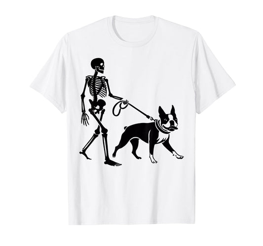 Funny Halloween Skeleton Walking Boston Terrier Dog Lover T-Shirt for Men Women Kids