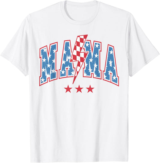 Mama Lightning Bolt Checkered Varsity 4th of July American T-Shirt