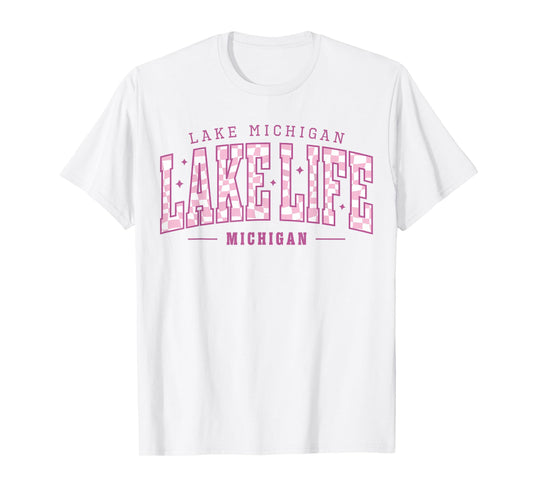 Lake Life Checkerboard Michigan Lake Summer Vacation Babe T-Shirt