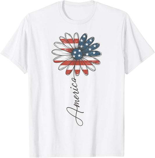American Flag Daisy Cute Patriotic Floral Women 4th Of July T-shirt