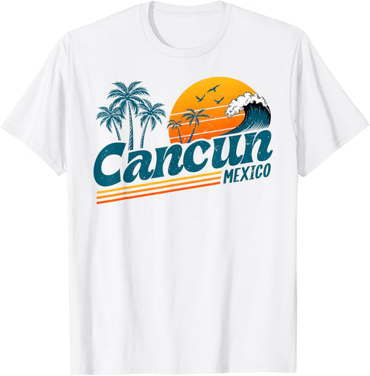 Retro Cancun Mexico Sunset Palm Tree Beach Summer Vacation T-Shirt