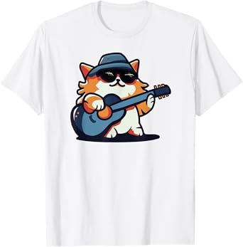 Cool Musical Cat With Hat And Sunglasses Playing Fun Guitar T-Shirt