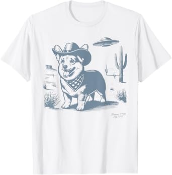 Vintage Funny 90s Western Cowboy Corgi Ufo T-Shirt