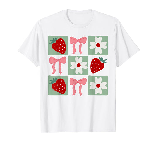 Checkered Strawberry Coquette Bow Festival Girls Women T-Shirt