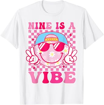 Nine is A Vibe Birthday Groovy 9 Year Old Girls 9th Birthday T-Shirt