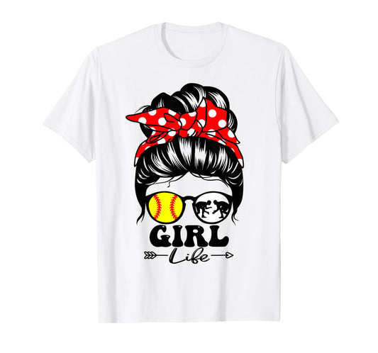 Girl Life Messy Bun Hair Funny Wrestling Softball Player T-Shirt