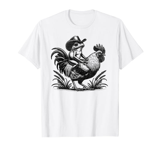 Funny Frog With Cowboy Hat Riding Rooster Country Life T-Shirt