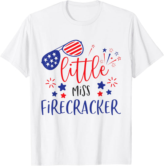 Little Miss Firecracker 4th Of July Girl Toddler Outfit 2024 T-Shirt