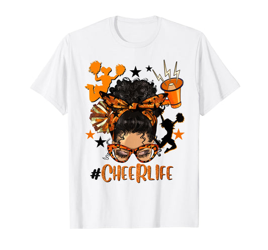 Cheer Life Messy Bun Brunette Orange Black Cheerleading Team T-Shirt