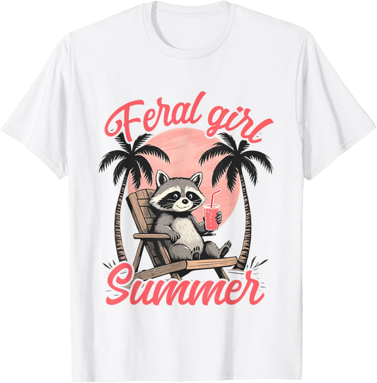 Feral Girl Summer Vacation Beach Raccoon Meme Trash Panda T-Shirt