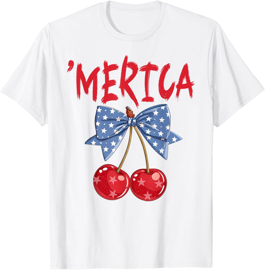'merica Coquette Bow Cherries 4th Of July Usa Flag Patriotic T-shirt