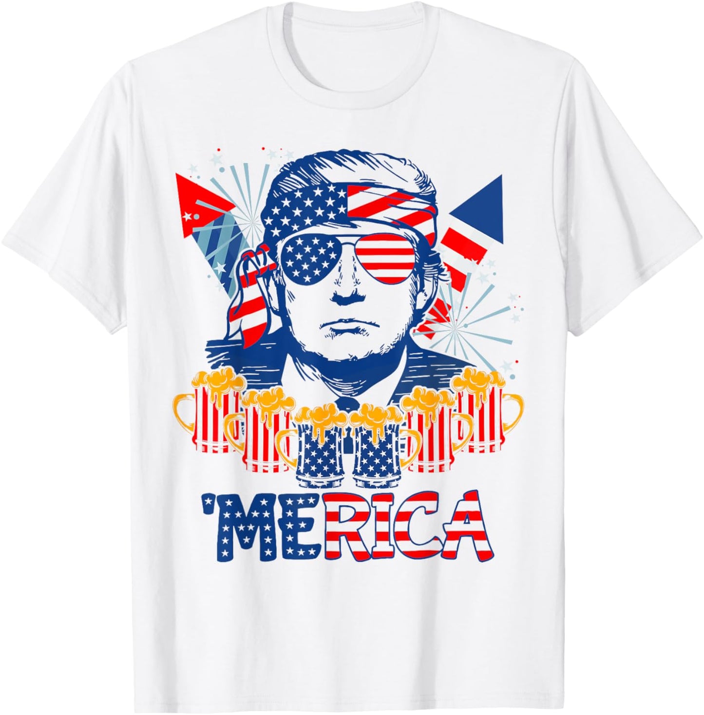 'MERICA TRUMP Drink Beer 4th Of July American Flag Fireworks T-Shirt