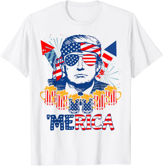 'MERICA TRUMP Drink Beer 4th Of July American Flag Fireworks T-Shirt