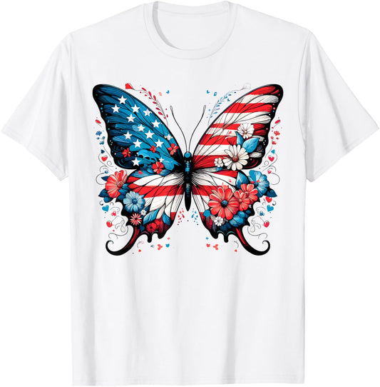 Cute Butterfly Patriotic American Flag Butterfly 4th Of July T-shirt