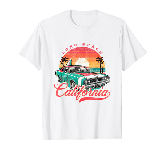 Classic Muscle Car Retro Long Beach California Surfer Sun T-Shirt