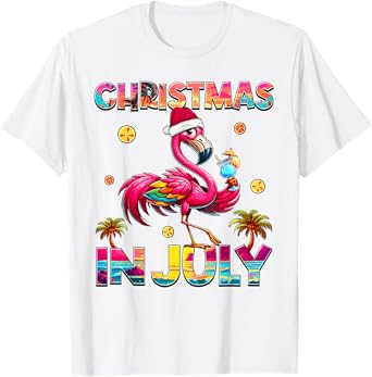 Christmas In July Flamingo Beach Summer Hawaii Girls Womens T-Shirt