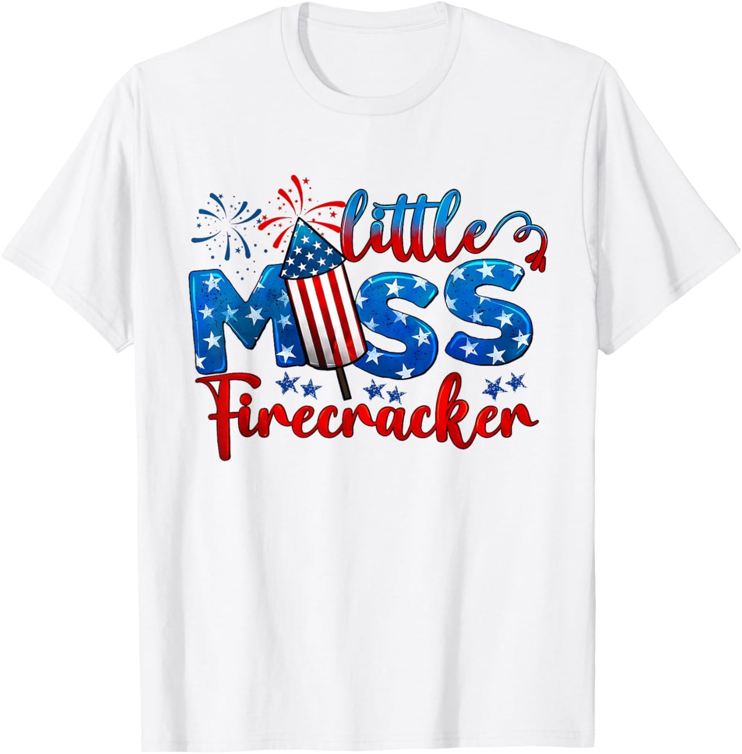 Little Miss Firecracker 4th Of July American Flag Girls Kids T-Shirt