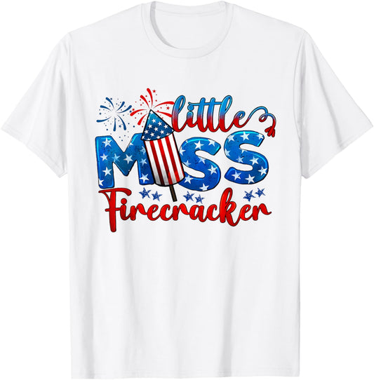 Little Miss Firecracker 4th Of July American Flag Girls Kids T-Shirt