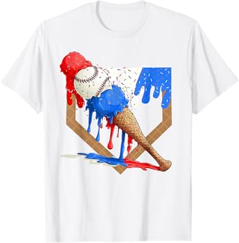 4th of July Red White and Blue Baseball Ice Cream Drip Boys T-Shirt