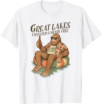 Lake Life Bigfoot Drinking Great Lakes Unsalted Shark Free T-Shirt