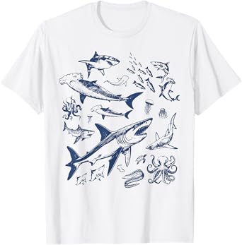 Retro Ocean Animal Wildlife Shark Fish Octopus Nature T-Shirt