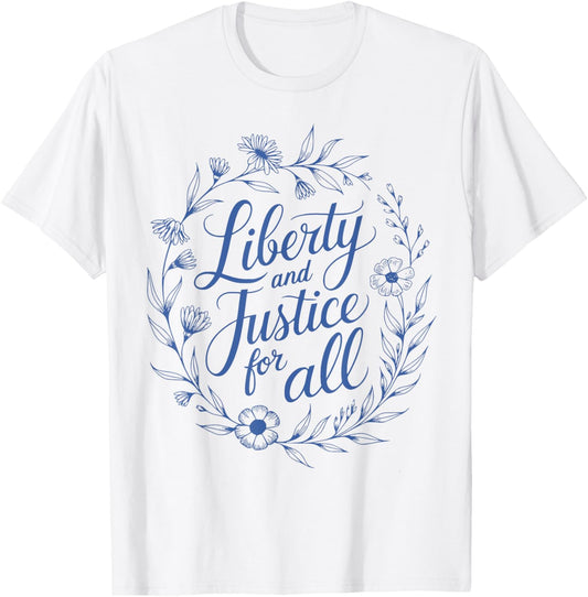 Funny 4th Of July Retro Liberty And Justice For All Floral T-shirt