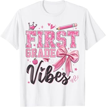 1st First Grade Vibes Back To School Coquette Teacher Girl T-Shirt