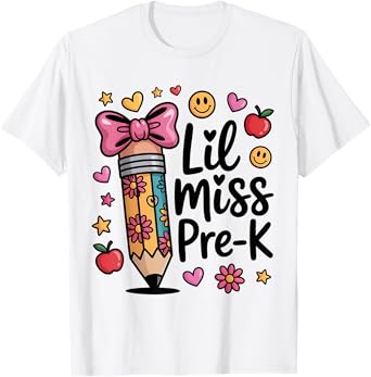Little Miss Pre-K Kids Girls Pencil Bow First Day Of School T-Shirt