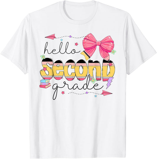 Back To School Hello Second Grade Teacher Coquette Bow First Day T-shirt by TeeBrew
