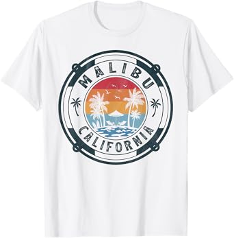 Malibu Beach California Summer Vacation Vintage Sunset T-Shirt