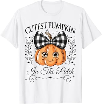 Cutest Pumpkin In The Patch Halloween Fall Bow Kids Girls T-Shirt