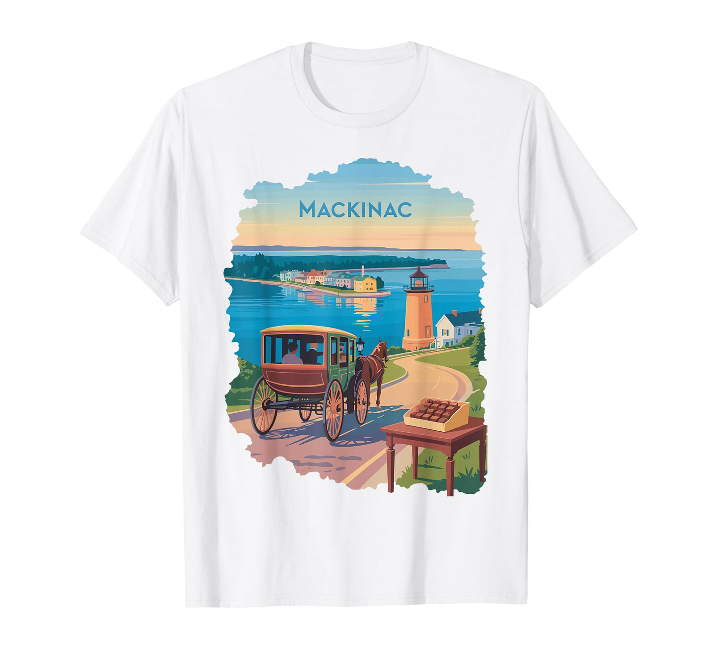 Mackinac Island carriage bridge lakeview vintage ferry scene T-Shirt
