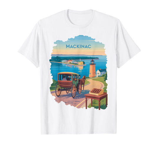Mackinac Island carriage bridge lakeview vintage ferry scene T-Shirt