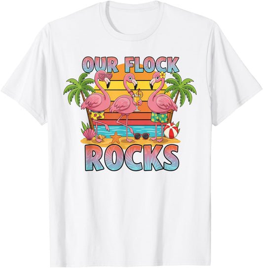 Our Flock Rocks Flamingo Summer Vacation Family Matching Tee by TeeBrew