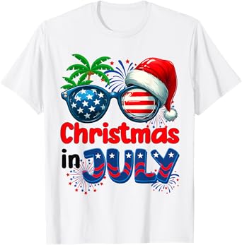 Christmas In July Summer Beach Hawaii Santa USA Flag Mens T-Shirt